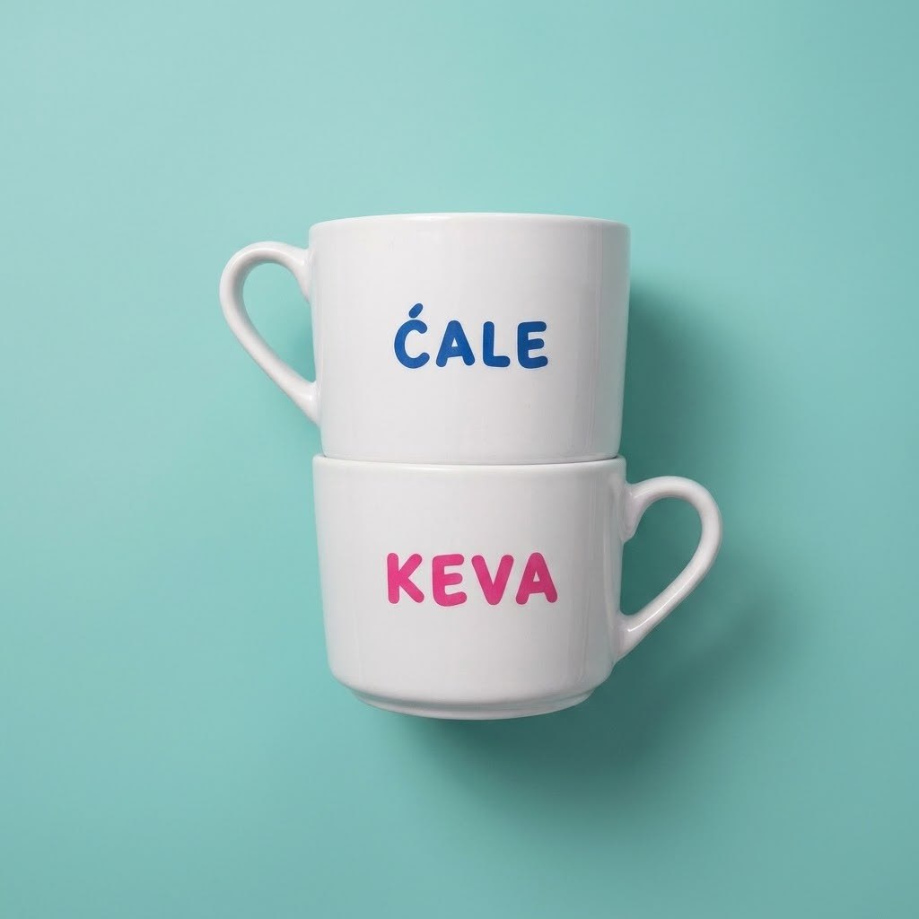 Dve bele šolje, natpisi Ćale i Keva